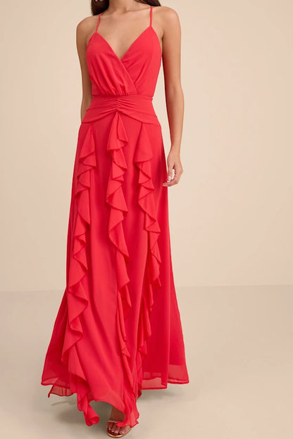 Red Spaghetti Strap Prom Dress With Surplice V Neck Cross Back And Tiered Ruffle Chiffon Formal Prom Dress