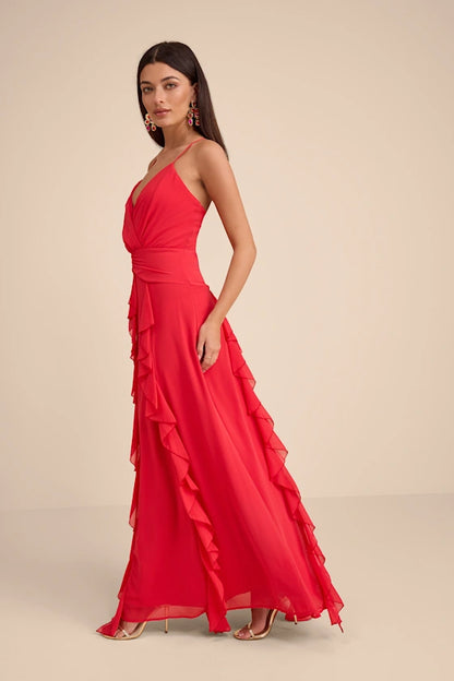 Red Spaghetti Strap Prom Dress With Surplice V Neck Cross Back And Tiered Ruffle Chiffon Formal Prom Dress