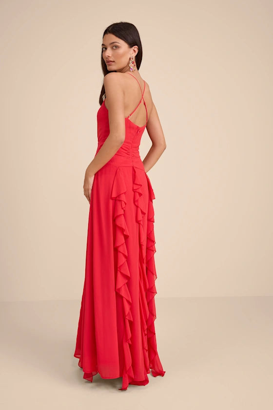Red Spaghetti Strap Prom Dress With Surplice V Neck Cross Back And Tiered Ruffle Chiffon Formal Prom Dress