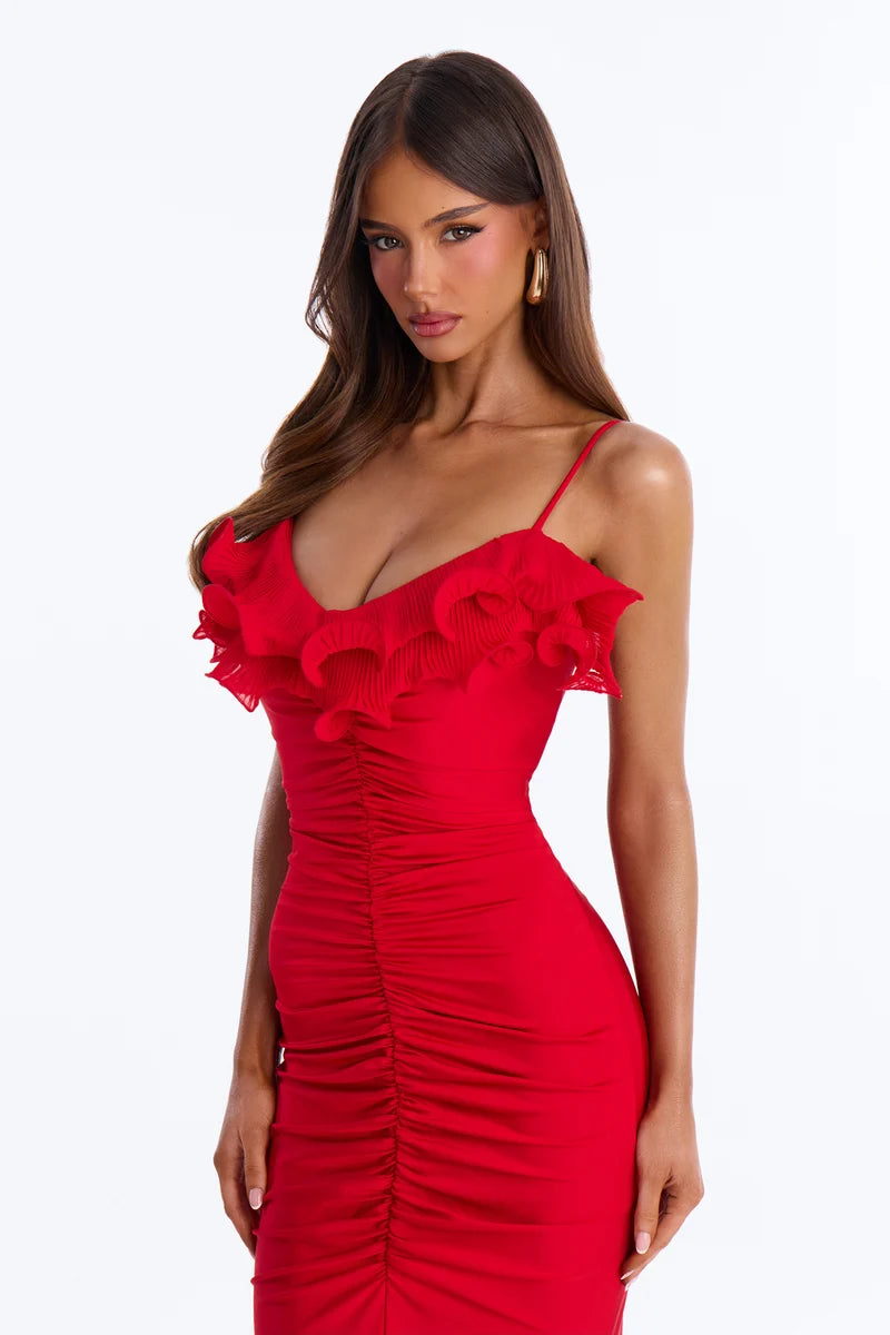 Red Spaghetti Strap Ruffle V Neck Ruched Lace Up Back Mermaid Evening Dress