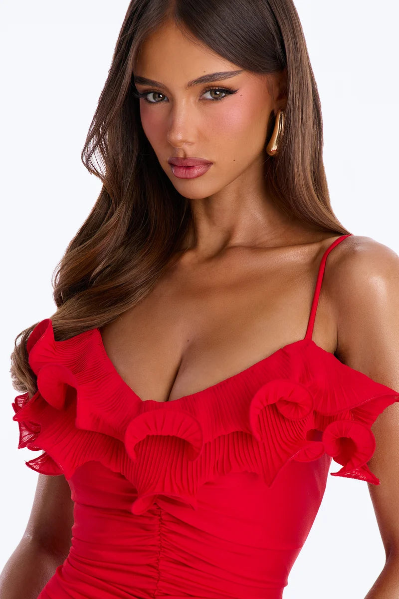 Red Spaghetti Strap Ruffle V Neck Ruched Lace Up Back Mermaid Evening Dress