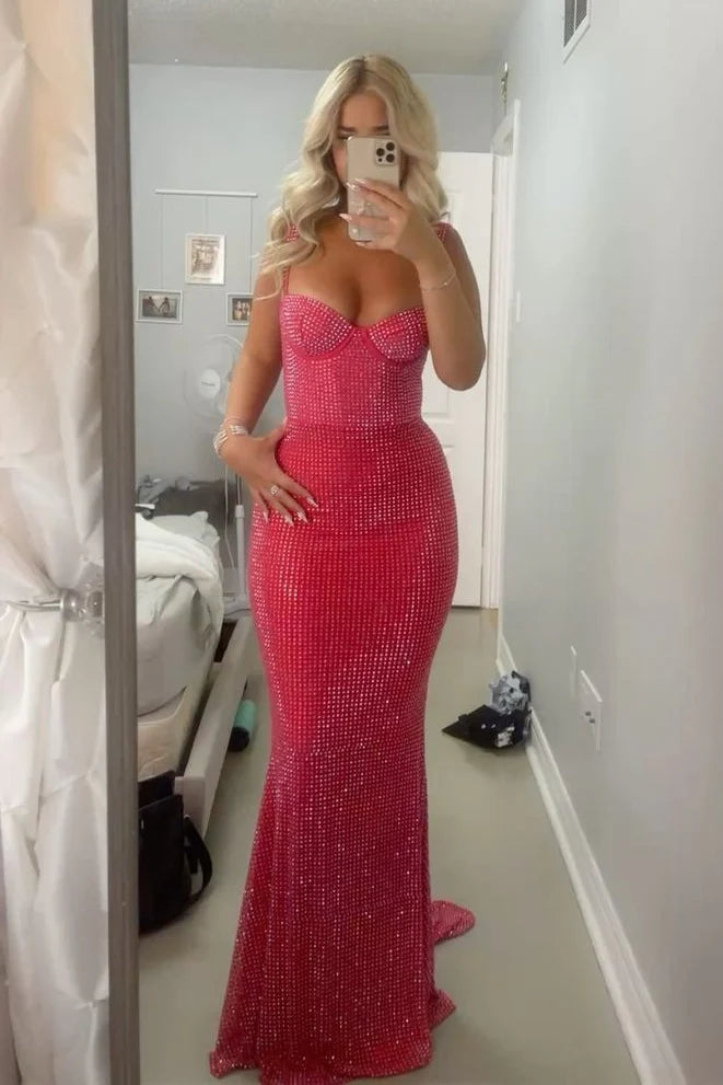 Red Spaghetti Strap Sweetheart Neckline Rhinestone Mermaid Long Prom Dress