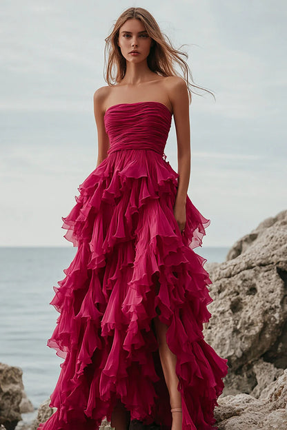 Red Strapless Prom Dress With Ruched Bodice And Tiered Ruffle Maxi Skirt For Formal Evening Party