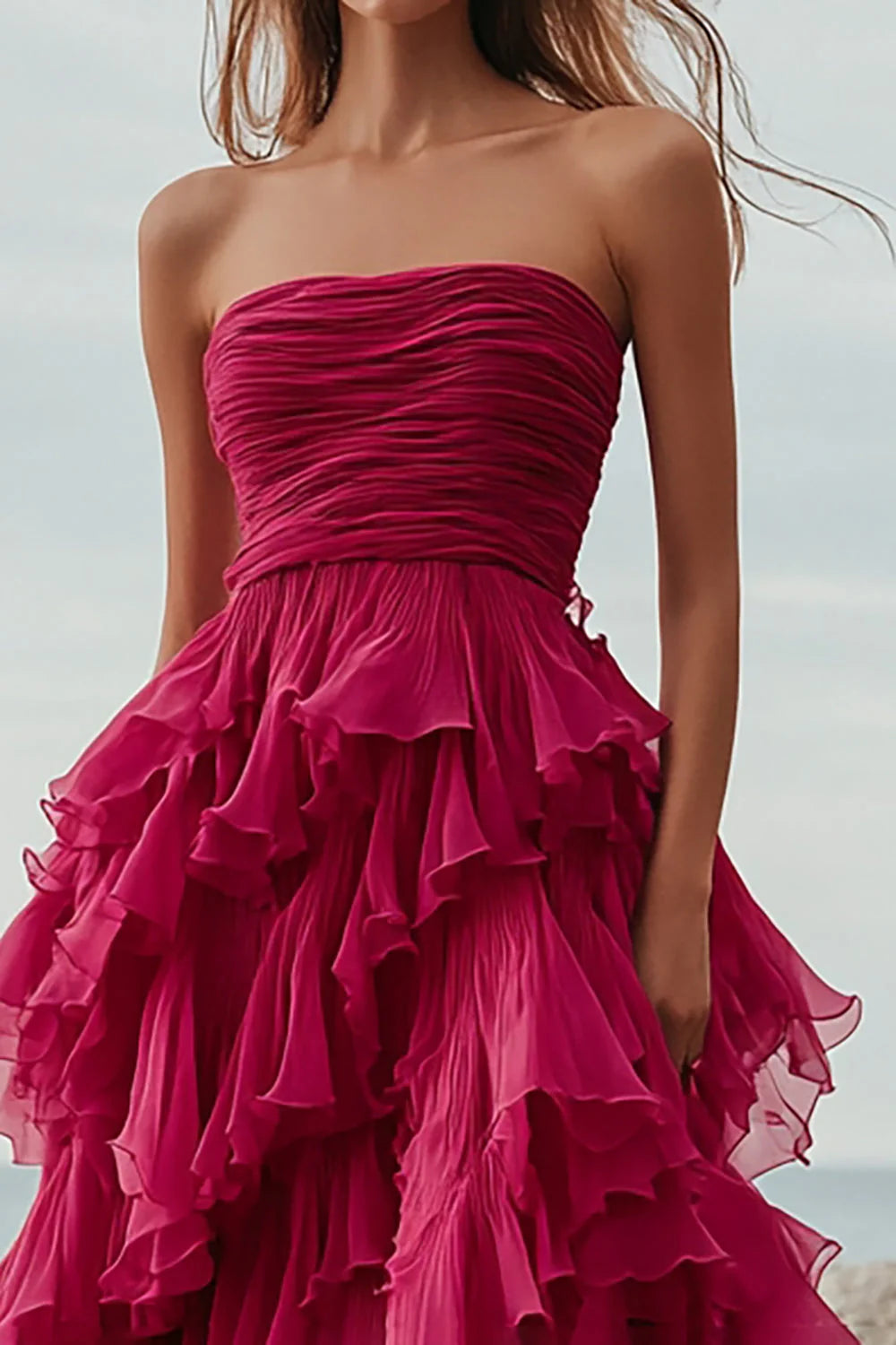Red Strapless Prom Dress With Ruched Bodice And Tiered Ruffle Maxi Skirt For Formal Evening Party