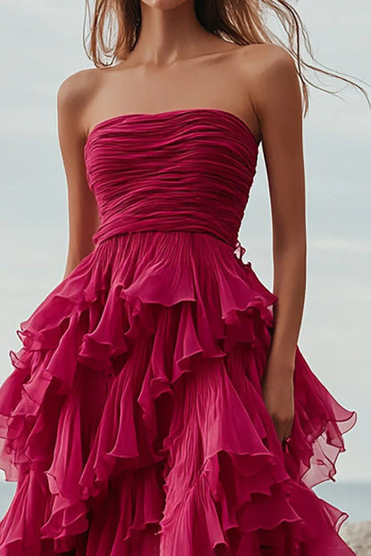 Red Strapless Prom Dress With Ruched Bodice And Tiered Ruffle Maxi Skirt For Formal Evening Party