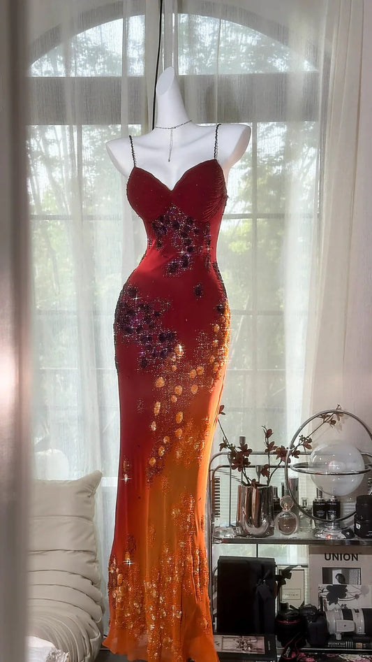 Red To Orange Ombre Spaghetti Strap Prom Dress With Crystal Beaded Floral Design And Mermaid Silhouette Formal Prom Dress