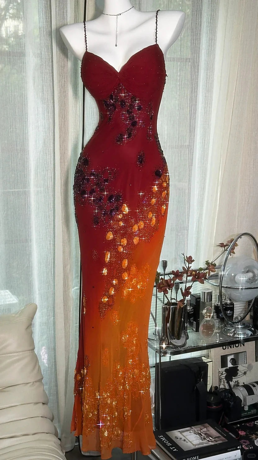 Red To Orange Ombre Spaghetti Strap Prom Dress With Crystal Beaded Floral Design And Mermaid Silhouette Formal Prom Dress