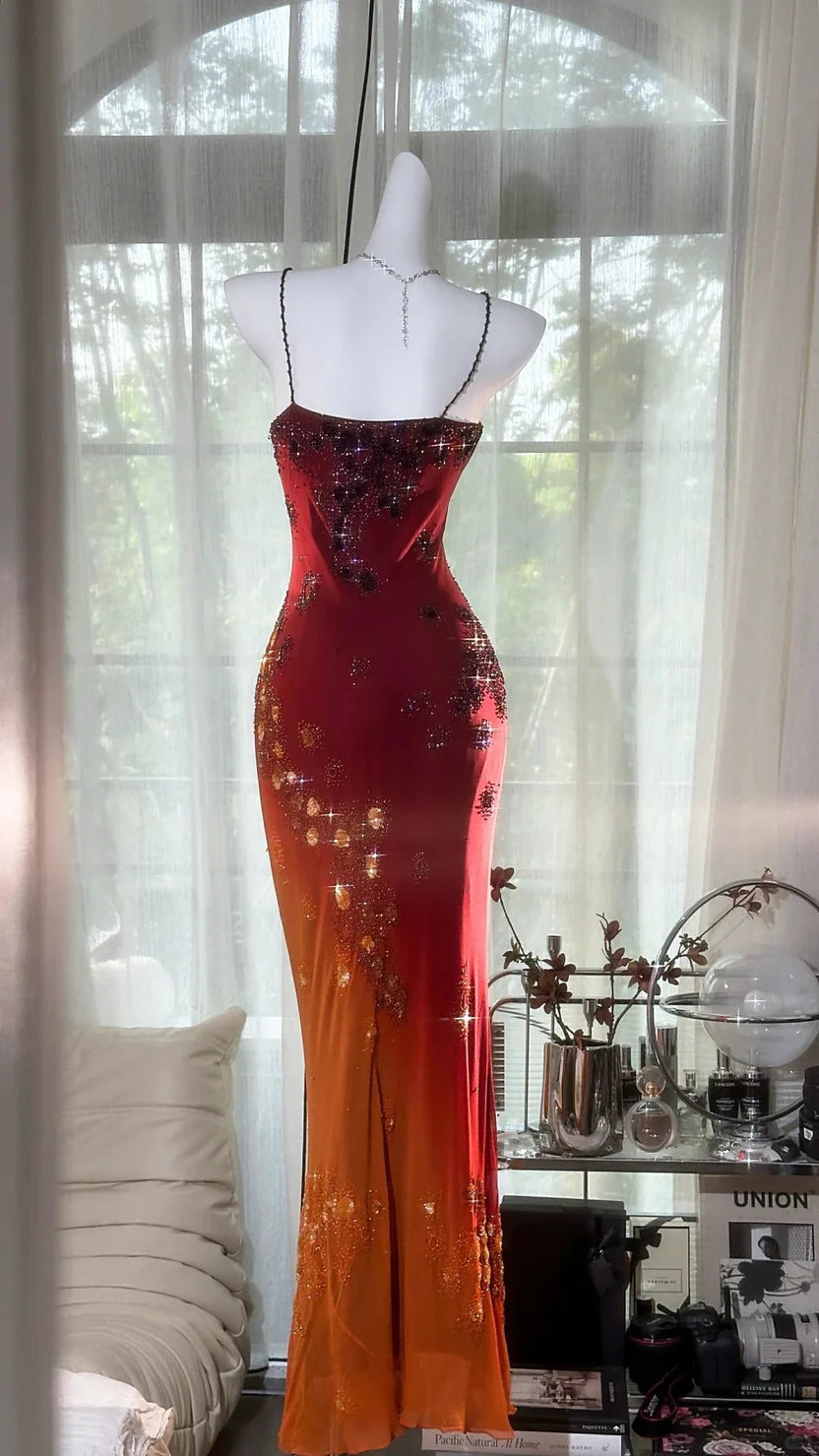 Red To Orange Ombre Spaghetti Strap Prom Dress With Crystal Beaded Floral Design And Mermaid Silhouette Formal Prom Dress