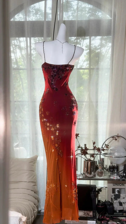 Red To Orange Ombre Spaghetti Strap Prom Dress With Crystal Beaded Floral Design And Mermaid Silhouette Formal Prom Dress