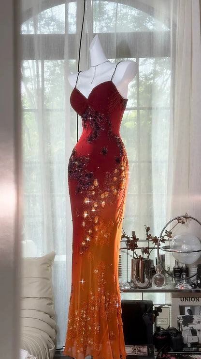 Red To Orange Ombre Spaghetti Strap Prom Dress With Crystal Beaded Floral Design And Mermaid Silhouette Formal Prom Dress