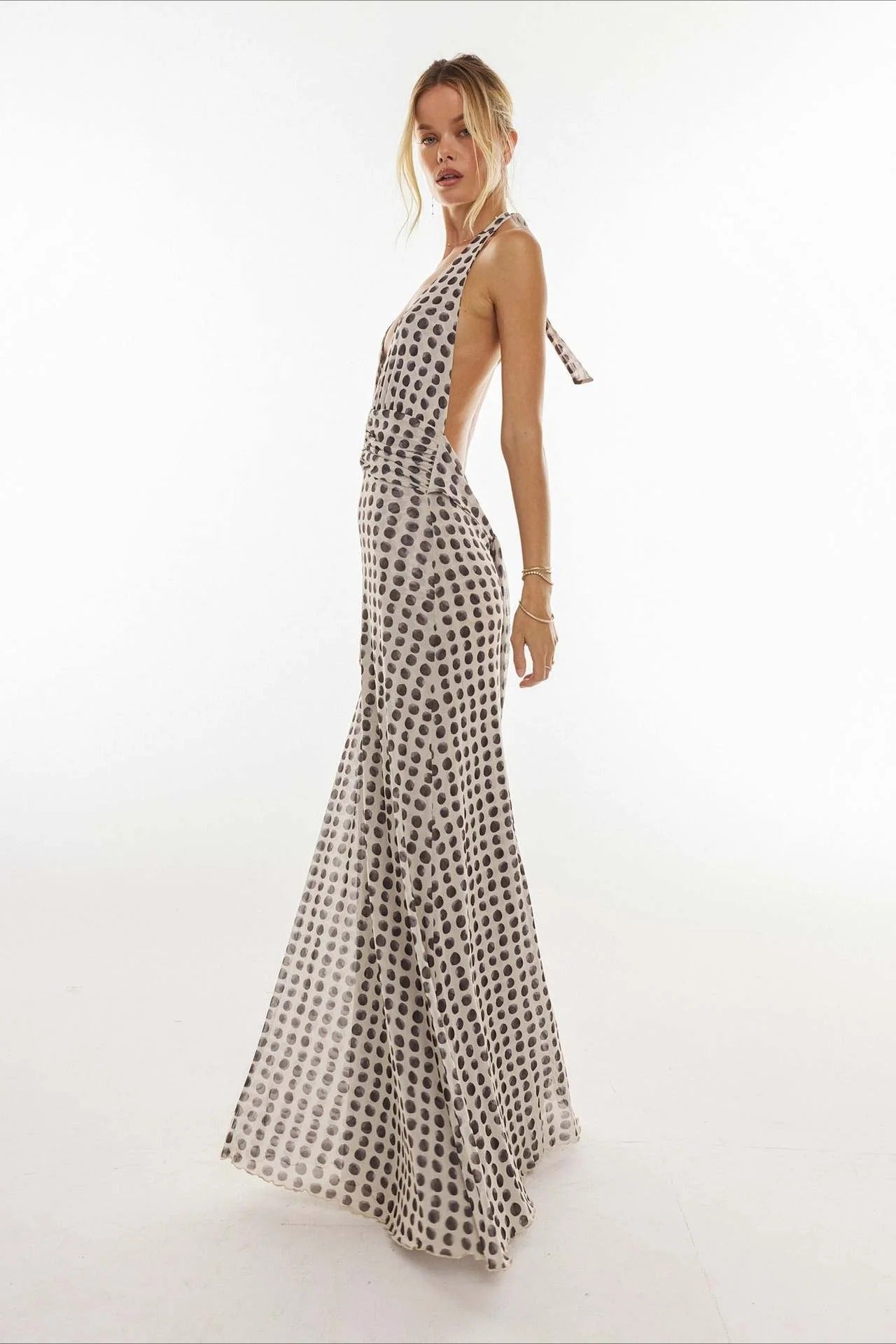 Retro Polka Dot Halter Neck Plunge Open-Back Chiffon Prom Dress