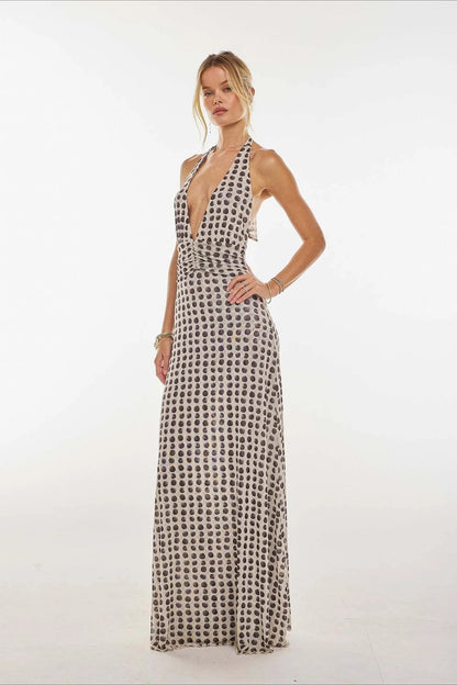 Retro Polka Dot Halter Neck Plunge Open-Back Chiffon Prom Dress