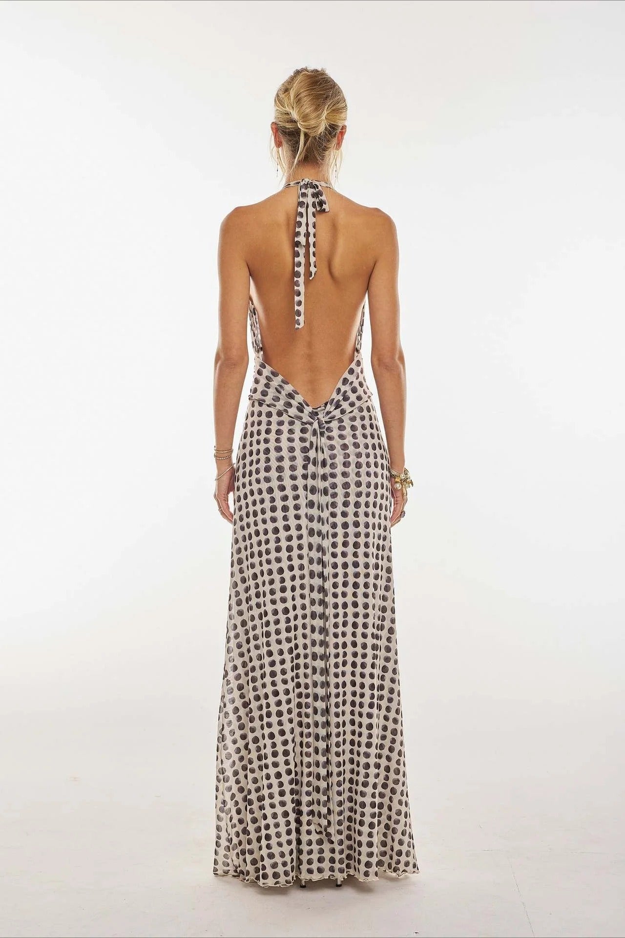 Retro Polka Dot Halter Neck Plunge Open-Back Chiffon Prom Dress
