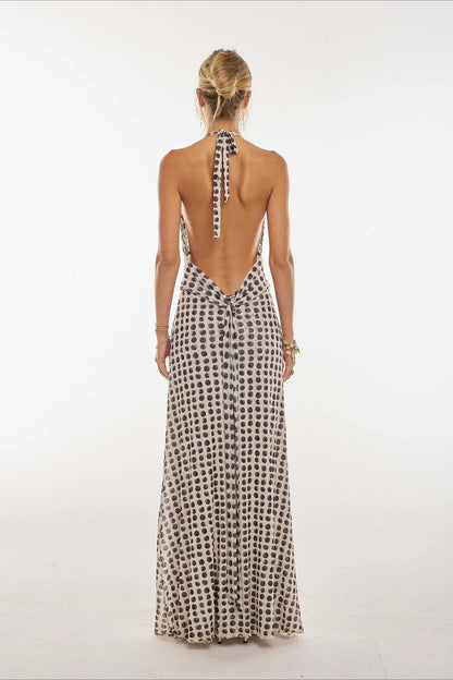 Retro Polka Dot Halter Neck Plunge Open-Back Chiffon Prom Dress