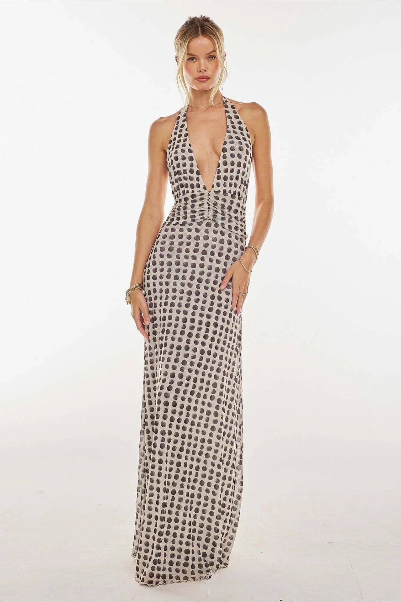 Retro Polka Dot Halter Neck Plunge Open-Back Chiffon Prom Dress