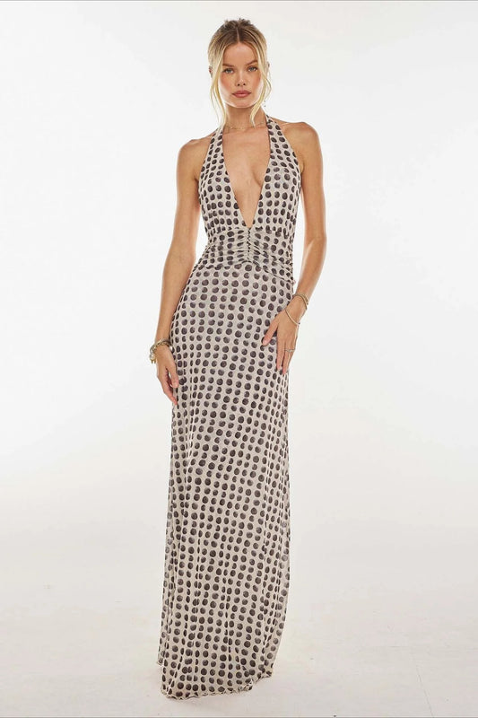 Retro Polka Dot Halter Neck Plunge Open-Back Chiffon Prom Dress