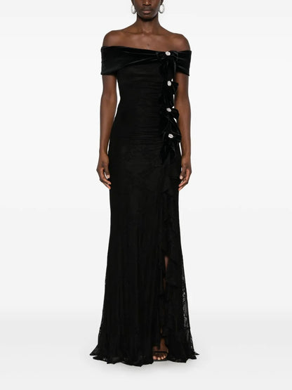 Romantic Black Lace & Velvet Off-the-Shoulder Bow-Embellished Evening Dress
