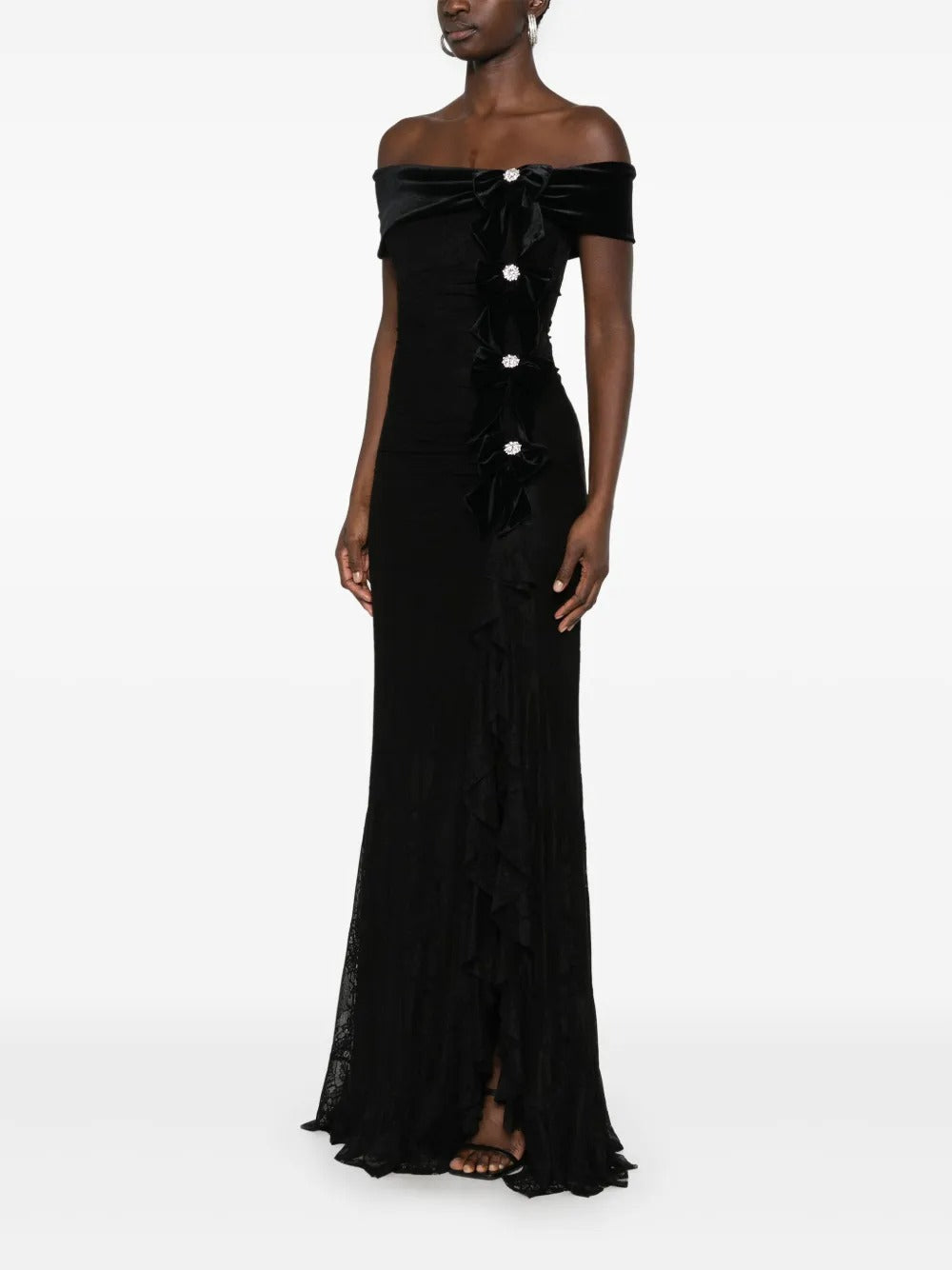Romantic Black Lace & Velvet Off-the-Shoulder Bow-Embellished Evening Dress