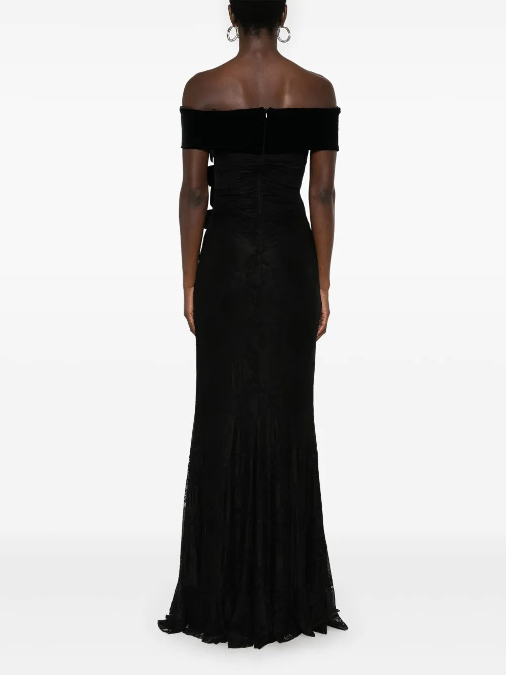Romantic Black Lace & Velvet Off-the-Shoulder Bow-Embellished Evening Dress