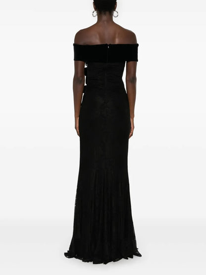 Romantic Black Lace & Velvet Off-the-Shoulder Bow-Embellished Evening Dress