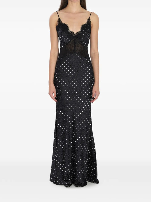 Romantic Black Polka-Dot Satin & Lace Prom Dress