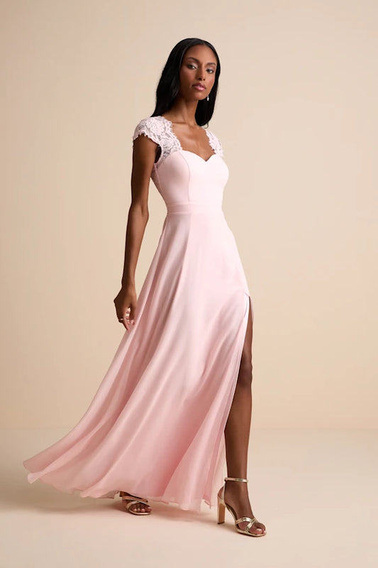 Romantic Blush Pink Chiffon Maxi Dress with Lace Cap Sleeves and Open Back, Bridesmaid Dresses