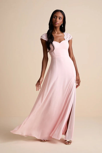 Romantic Blush Pink Chiffon Maxi Dress with Lace Cap Sleeves and Open Back, Bridesmaid Dresses