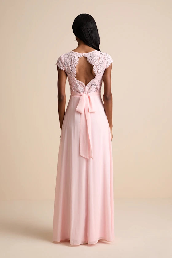 Romantic Blush Pink Chiffon Maxi Dress with Lace Cap Sleeves and Open Back, Bridesmaid Dresses