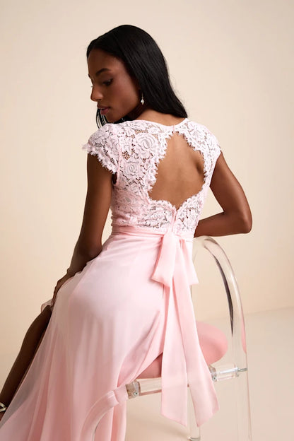 Romantic Blush Pink Chiffon Maxi Dress with Lace Cap Sleeves and Open Back, Bridesmaid Dresses
