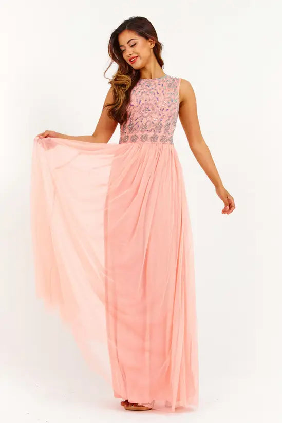 Romantic Blush Pink Embellished Bodice Tulle A-Line Gown with Open Back, Prom Dress
