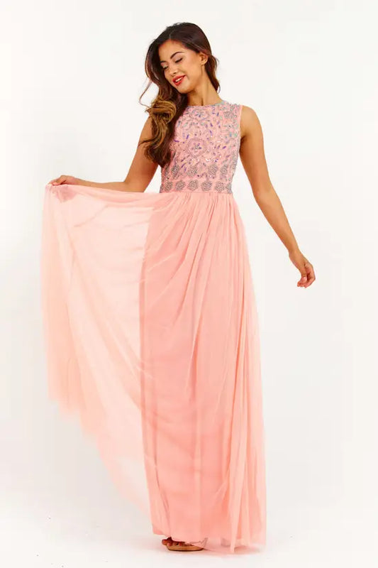 Romantic Blush Pink Embellished Bodice Tulle A-Line Gown with Open Back, Prom Dress