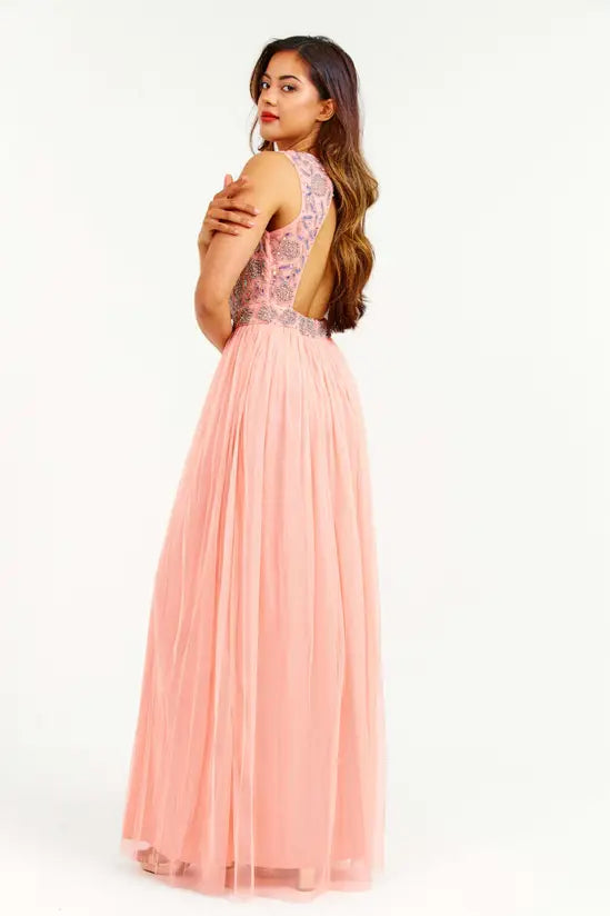 Romantic Blush Pink Embellished Bodice Tulle A-Line Gown with Open Back, Prom Dress