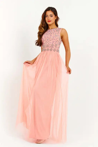 Romantic Blush Pink Embellished Bodice Tulle A-Line Gown with Open Back, Prom Dress