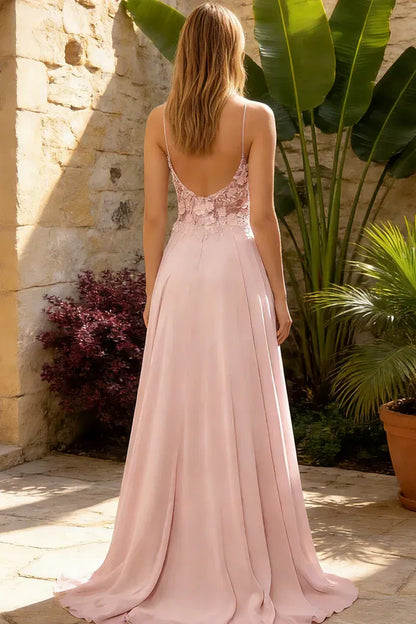 Romantic Blush Pink Lace Applique Spaghetti Strap A-Line Prom Dress with Slit