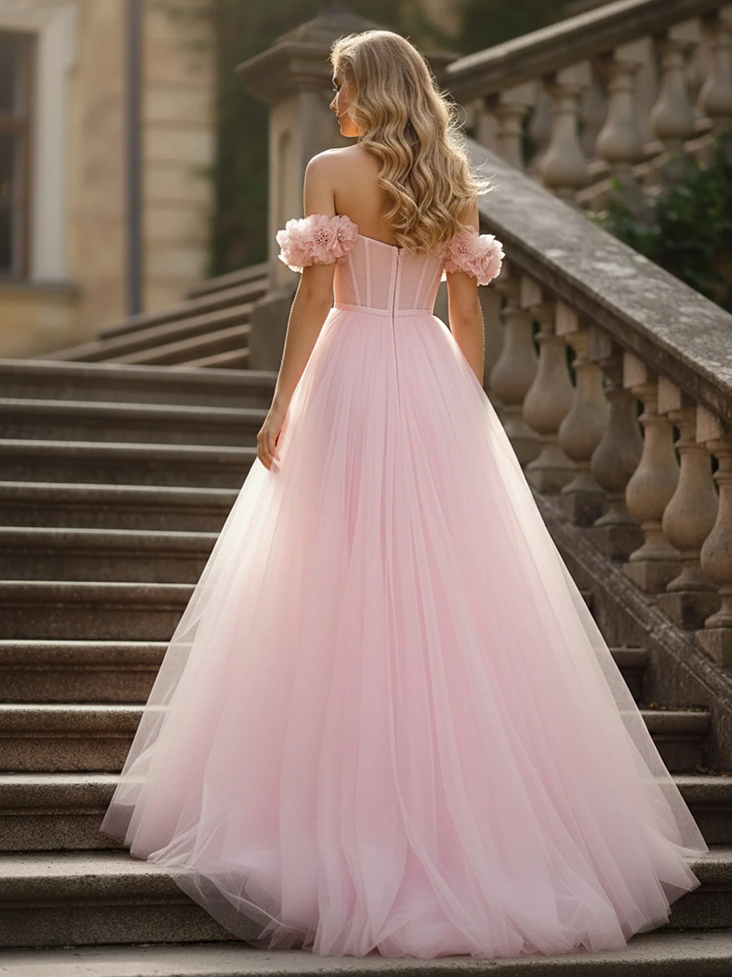 Romantic Blush Pink Off-the-Shoulder Tulle Ball Gown with 3D Floral Sleeves: Prom Dress