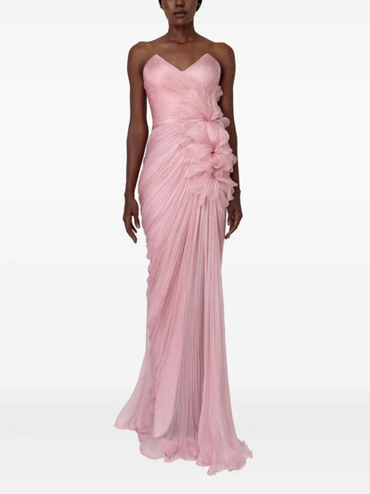 Romantic Blush Pink Pleated Chiffon 3D Floral Strapless Evening Dress