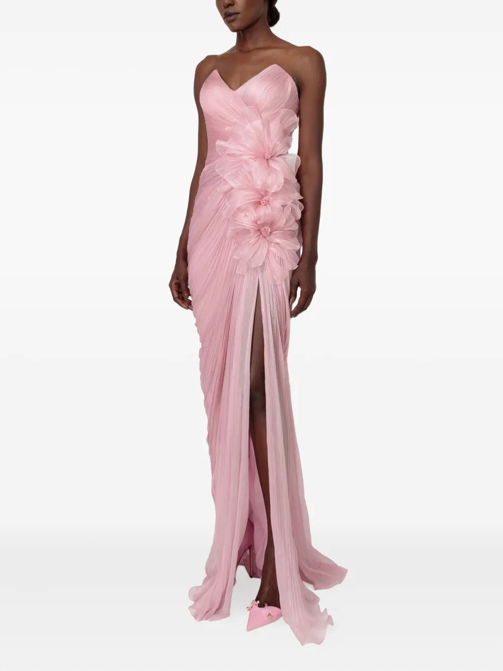 Romantic Blush Pink Pleated Chiffon 3D Floral Strapless Evening Dress