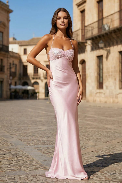 Romantic Blush Pink Satin Halter Neck Beaded Bust Prom Dress