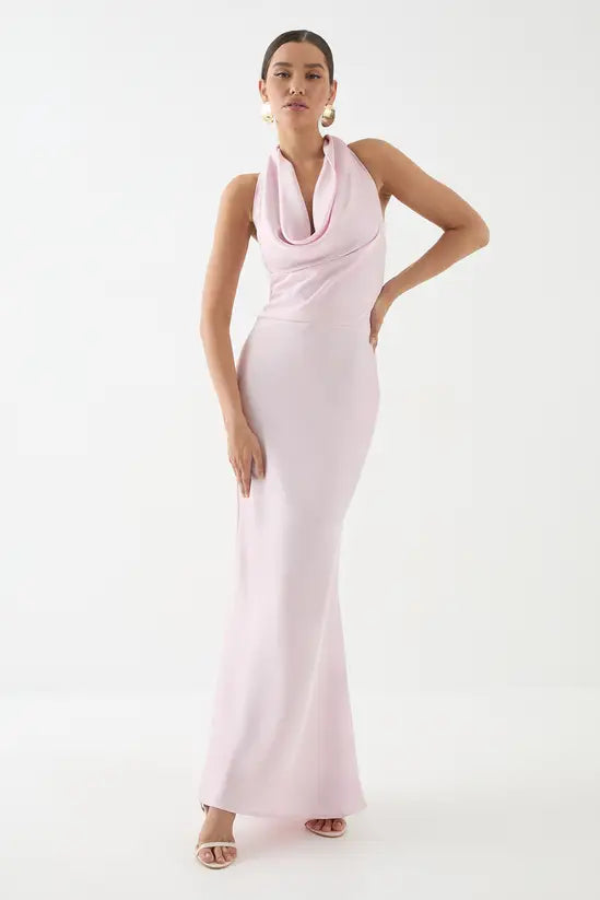 Romantic Blush Pink Satin Halter Neck Maxi Dress with Cowl Neck and Back Tie Detail, Prom Dress