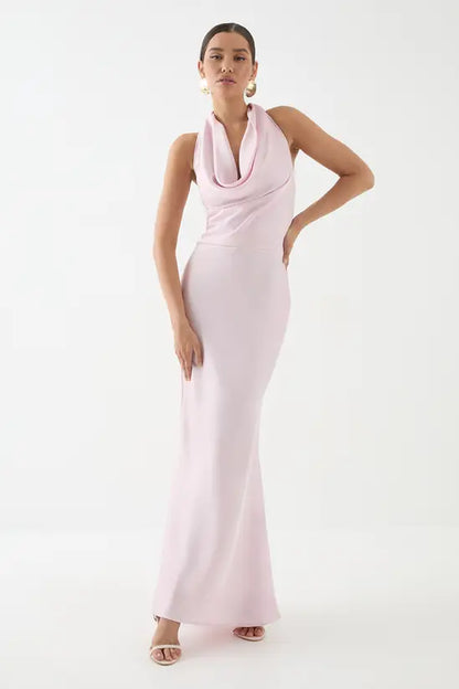 Romantic Blush Pink Satin Halter Neck Maxi Dress with Cowl Neck and Back Tie Detail, Prom Dress
