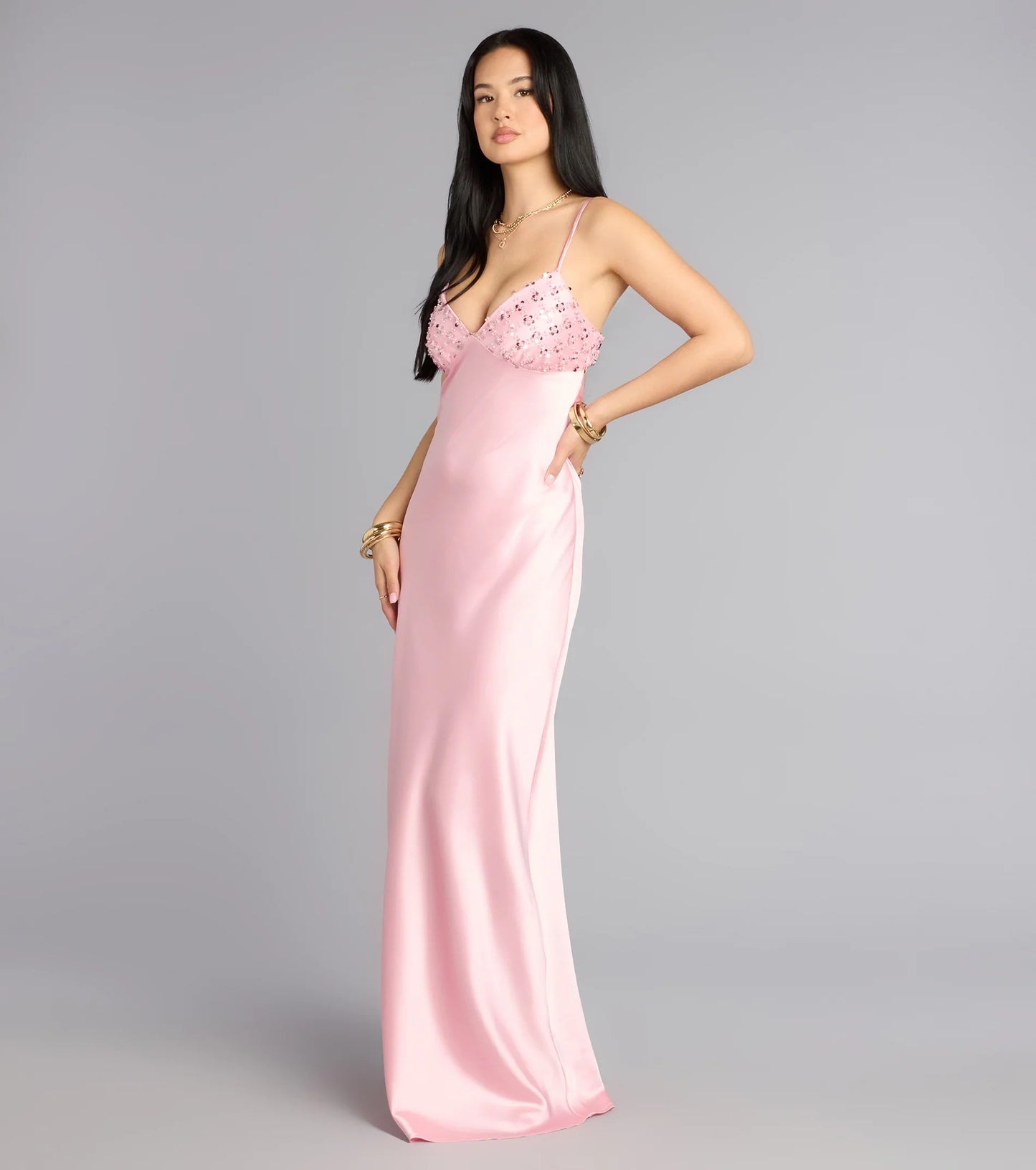 Romantic Blush Pink Satin Spaghetti Strap Beaded Bust Open-Back Prom Dress