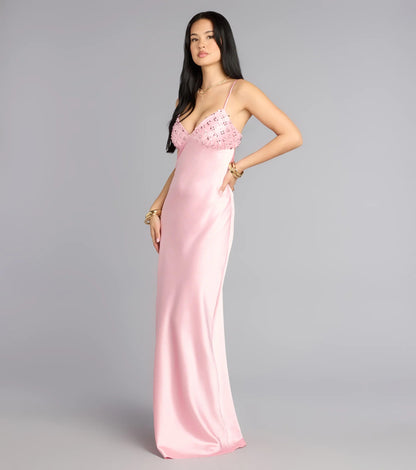 Romantic Blush Pink Satin Spaghetti Strap Beaded Bust Open-Back Prom Dress