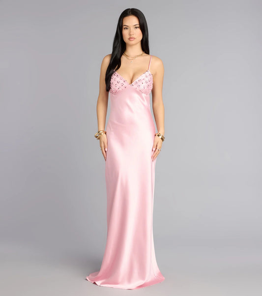 Romantic Blush Pink Satin Spaghetti Strap Beaded Bust Open-Back Prom Dress