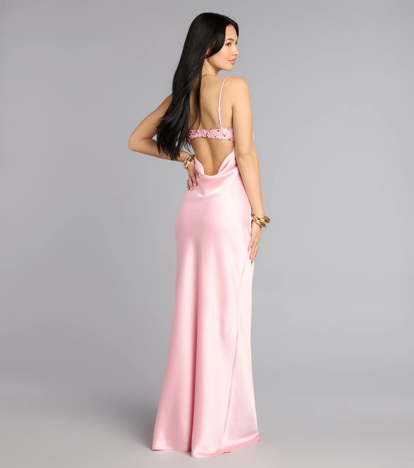 Romantic Blush Pink Satin Spaghetti Strap Beaded Bust Open-Back Prom Dress