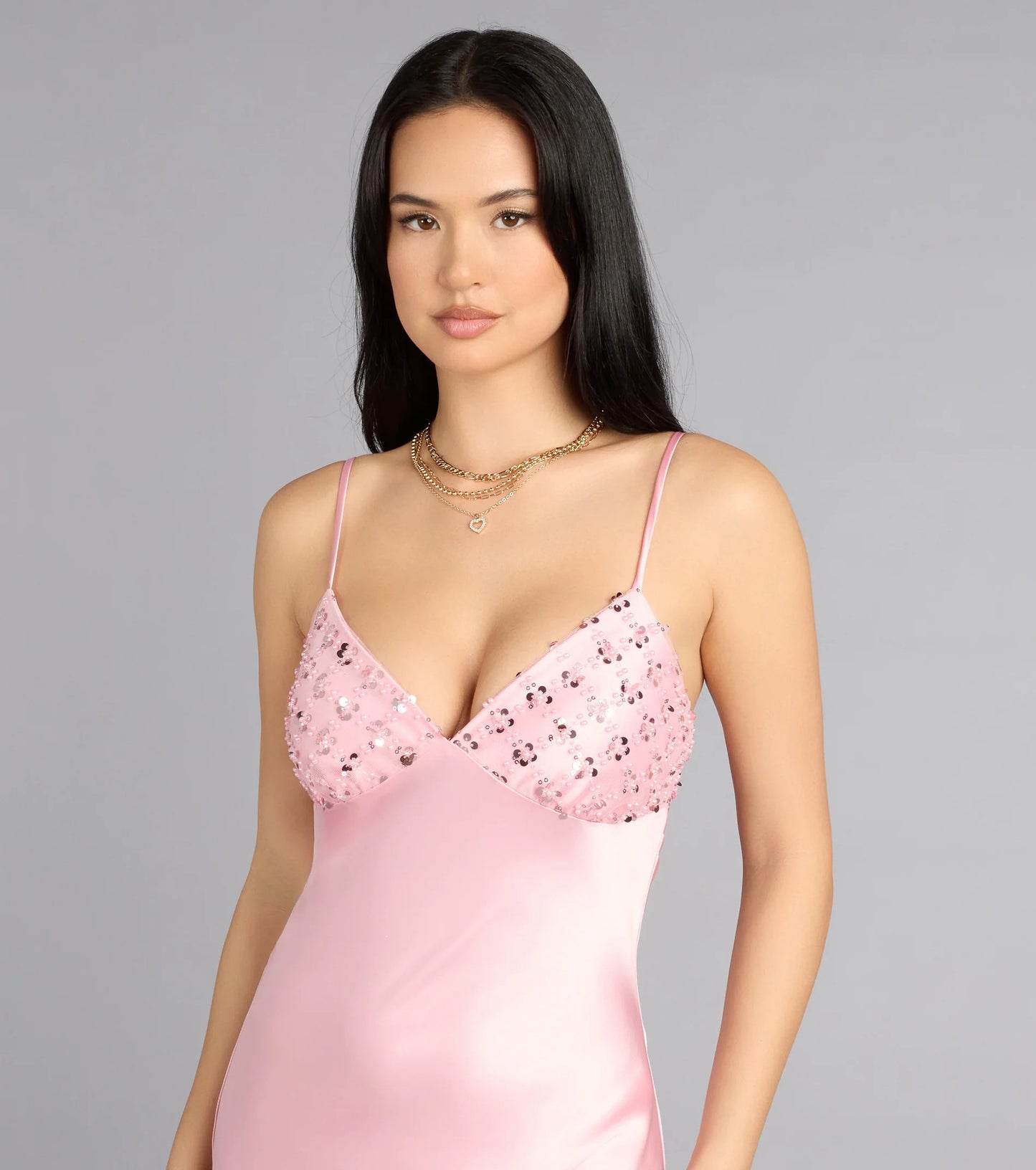 Romantic Blush Pink Satin Spaghetti Strap Beaded Bust Open-Back Prom Dress