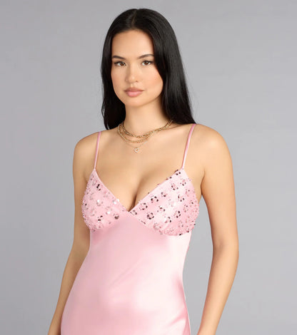Romantic Blush Pink Satin Spaghetti Strap Beaded Bust Open-Back Prom Dress