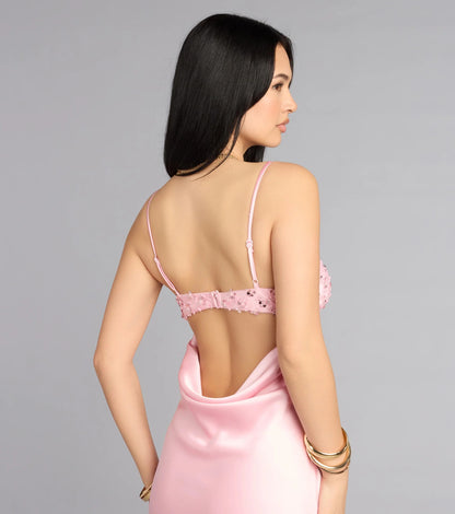 Romantic Blush Pink Satin Spaghetti Strap Beaded Bust Open-Back Prom Dress