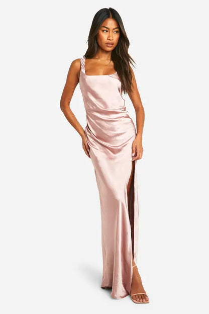 Romantic Blush Pink Satin Square Neckline Maxi Dress with Ruched Side and High Slit, Prom Dress