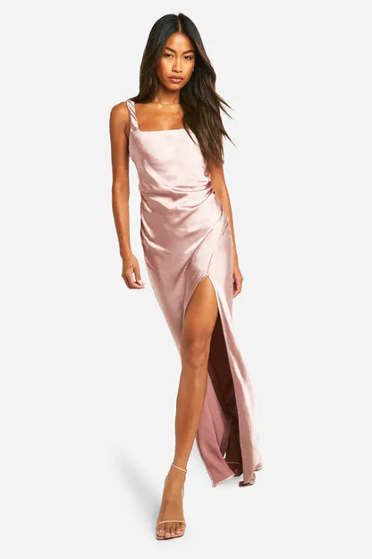 Romantic Blush Pink Satin Square Neckline Maxi Dress with Ruched Side and High Slit, Prom Dress