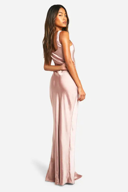 Romantic Blush Pink Satin Square Neckline Maxi Dress with Ruched Side and High Slit, Prom Dress